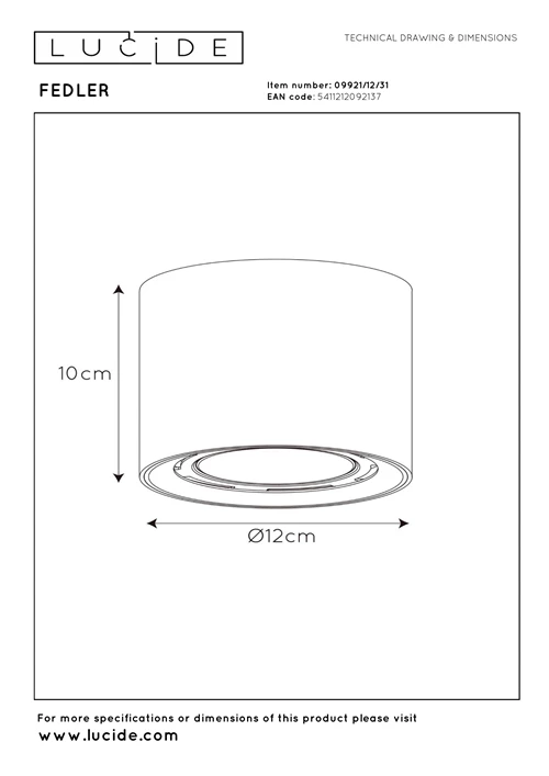 Lucide FEDLER - Deckenstrahler - Ø 12 cm - LED Dim to warm - GU10 (ES111) - 1x12W 2200K/3000K - Weiß - technisch